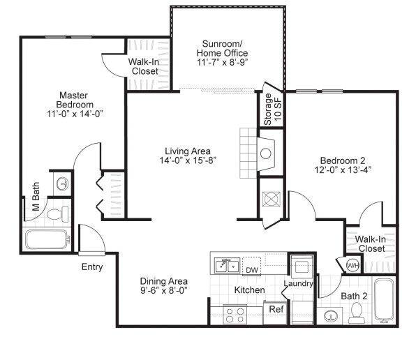 Floor plan for 2 beds, 2 baths, 1181 sqft